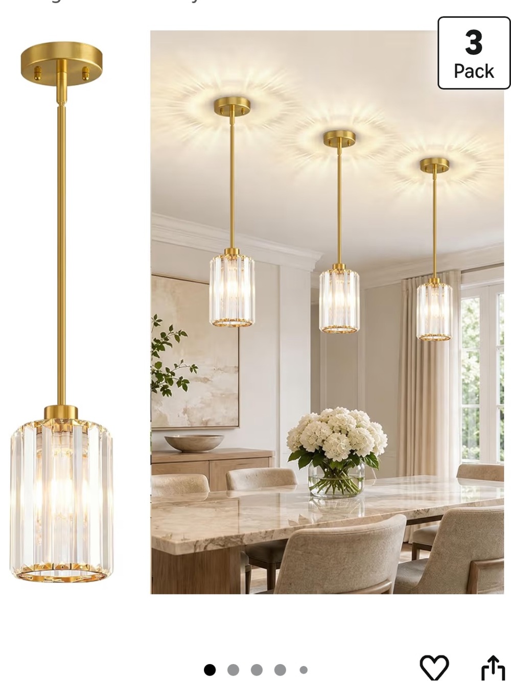 NIB 3 Pack Brushed Gold Pendant Crystal Chandelier Hanging Mini Light Fixtures